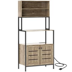 HOMCOM Baker's Rack with Power Outlet and Storage Shelves, Microwave Stand with Louvred Door Cabinets, Gray Wood Grain