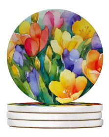 Freesias in Watercolor Large Sandstone Coasters Pack of 4 Absorbent Round Coasters Decor Gifts for Men or Women, 4 in, Multicolor