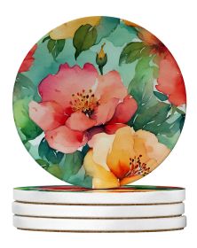 Georgia Cherokee Rose in Watercolor Large Sandstone Coasters Pack of 4 Absorbent Round Coasters Decor Gifts for Men or Women, 4 in, Multicolor